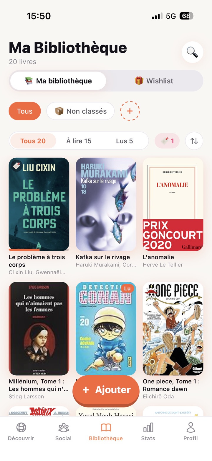 La bibliothèque de livres dans l'appli Ploom